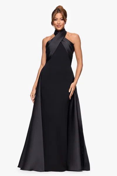 Betsy & Adam "dina" Scuba Crepe Twist Halter Neck Floor Length Gown In Black