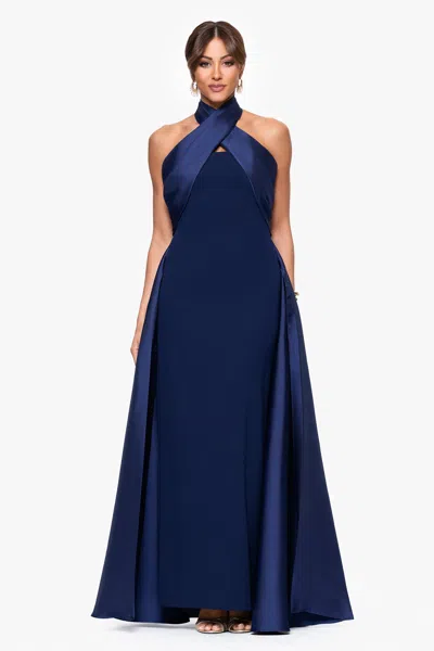 Betsy & Adam "dina" Scuba Crepe Twist Halter Neck Floor Length Gown In Blue
