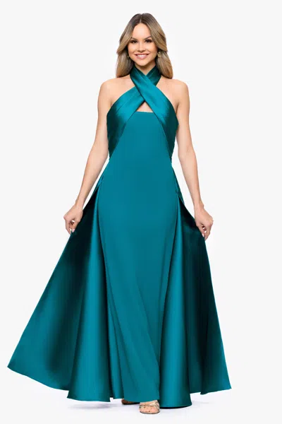 Betsy & Adam "dina" Scuba Crepe Twist Halter Neck Floor Length Gown In Green