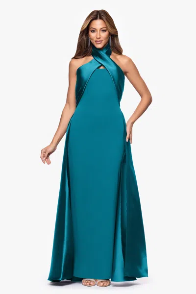 Betsy & Adam "dina" Scuba Crepe Twist Halter Neck Floor Length Gown In Blue