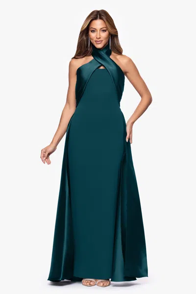 Betsy & Adam "dina" Scuba Crepe Twist Halter Neck Floor Length Gown In Green