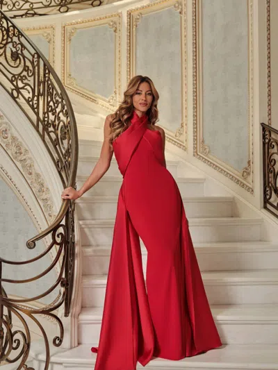 Betsy & Adam "dina" Scuba Crepe Twist Halter Neck Floor Length Gown In Purple