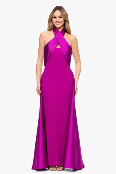 Betsy & Adam "dina" Scuba Crepe Twist Halter Neck Floor Length Gown In Purple
