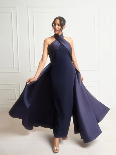 Betsy & Adam "dina" Scuba Crepe Twist Halter Neck Floor Length Gown In Red