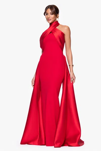 Betsy & Adam "dina" Scuba Crepe Twist Halter Neck Floor Length Gown In Red