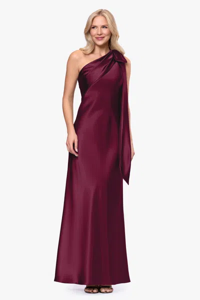 Betsy & Adam "dove" Satin One Shoulder Bow Dress In Burgundy