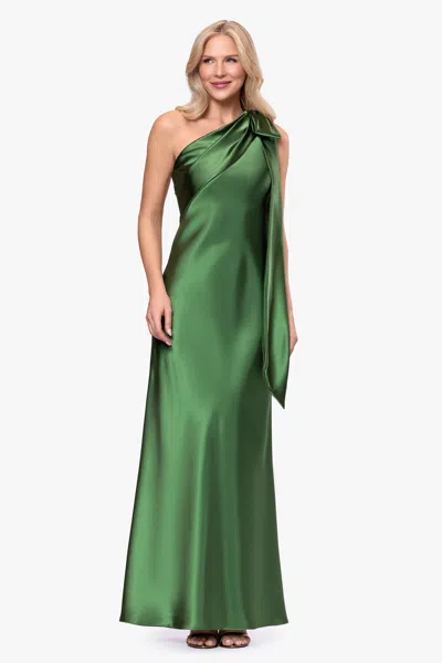 Betsy & Adam Bow Detail One-shoulder Satin Gown In Green