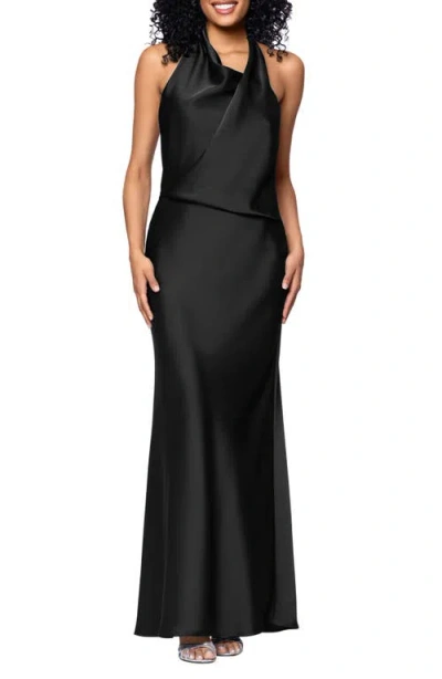 Betsy & Adam Drape Satin Gown In Black