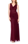 Betsy & Adam Drape Stretch Mesh Gown In Burgundy