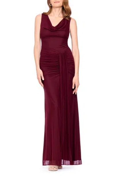 Betsy & Adam Drape Stretch Mesh Gown In Wine