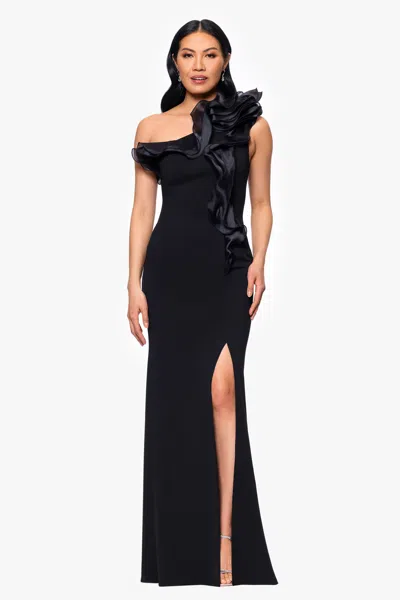 Betsy & Adam Organza Ruffle One-shoulder Scuba Crepe Gown In Black