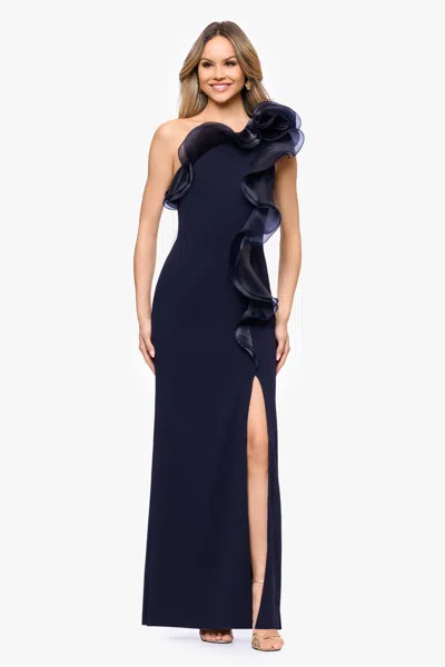 Organza Ruffle One-shoulder Scuba Crepe Gown In Blue from Betsy & Adam