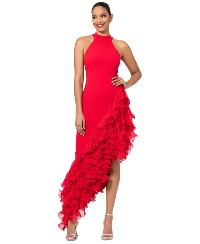 Betsy & Adam Dress Women's Red Ponte Ruffle Mock Neck Asymmetrical Hem Frog366
