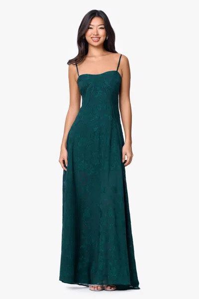 Betsy & Adam "drew" Jacquard And Chiffon Spaghetti Tie Floor Length Dress In Green