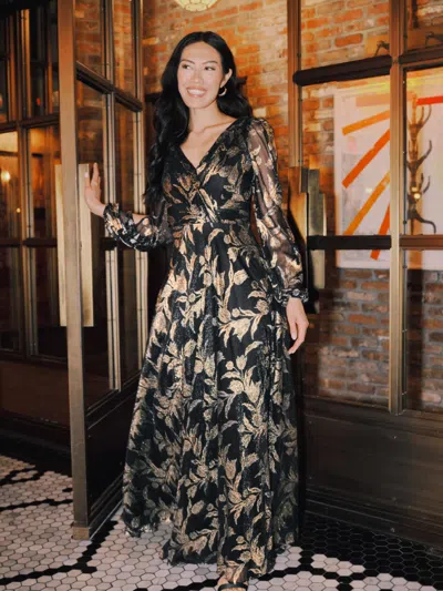 Betsy & Adam "elisabeth" Foil Print V-neck Long Sleeve Floor Length Dress In Multi