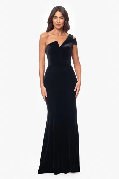 Betsy & Adam "ella" Long Velvet One Shoulder Dress In Black