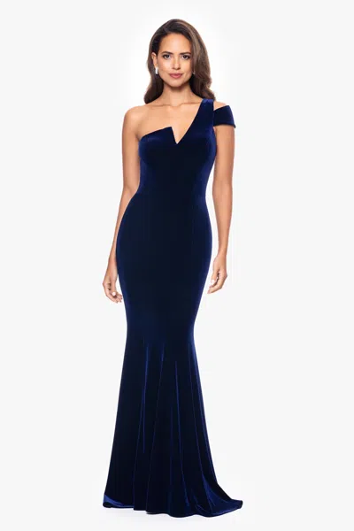 Betsy & Adam "ella" Long Velvet One Shoulder Dress In Blue