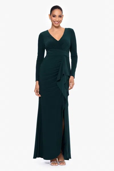 Betsy & Adam "elle" Long Sleeve Side Ruffled Slit Gown In Green