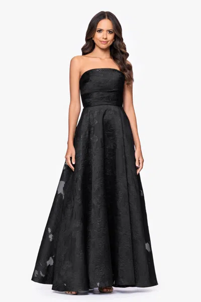 Betsy & Adam Floral Brocade Strapless Gown In Black