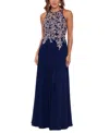 Betsy & Adam Embellished-bodice Chiffon Gown In Navy,rose