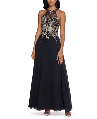 Betsy & Adam Embellished Chiffon Illusion Gown In Black Gold Floral