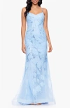 Betsy & Adam Embellished Floral Appliqué Mermaid Gown In Light Blue