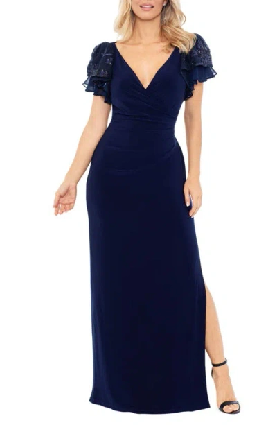 Betsy & Adam Embellished Flutter Sleeve Sheath Gown In Navy