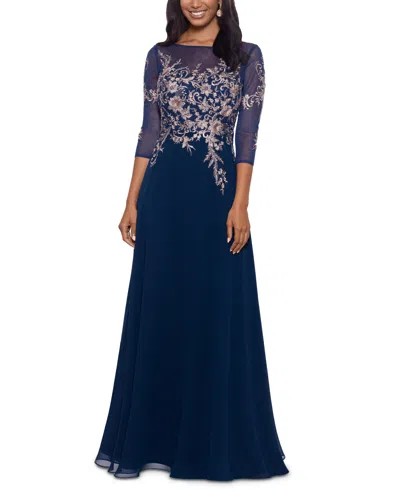Betsy & Adam Petites Womens Embroidered Midi Evening Dress In Blue