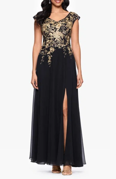 Betsy & Adam Embroidered Cap Sleeve Gown