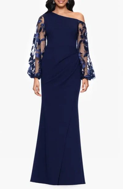 Betsy & Adam Embroidered Long Sleeve One-shoulder Scuba Crepe Gown