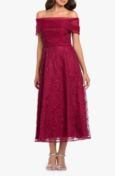 Betsy & Adam Embroidered Off The Shoulder Midi Gown In Red