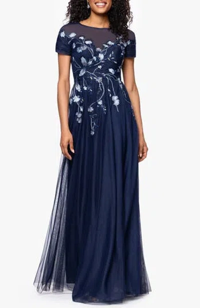 Betsy & Adam Embroidered Sequin Floral Bodice Mesh Gown In Blue