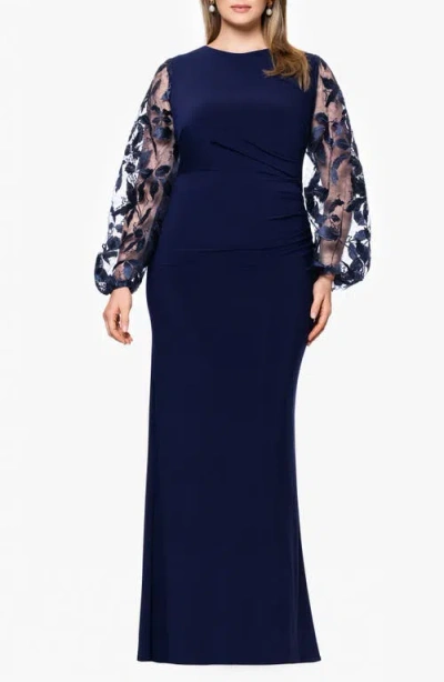 Betsy & Adam Embroidered Sheer Long Sleeve Gown