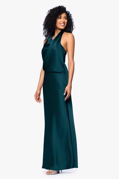 Betsy & Adam "erica" Satin Halter Neck Floor Length Dress In Green