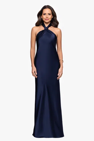Betsy & Adam "esmerelda" Satin Double Knotted Halter Neck Floor Length Dress In Blue