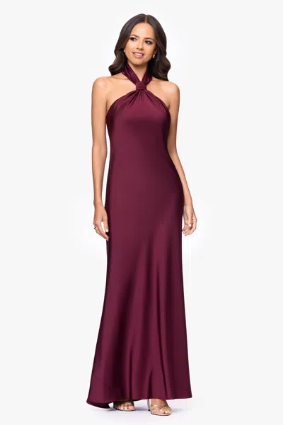 Betsy & Adam Satin Halter Dress In Burgundy
