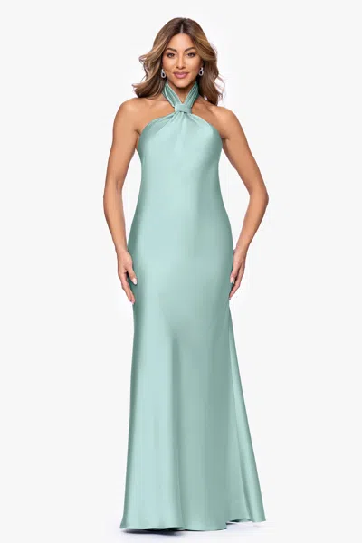 Betsy & Adam "esmerelda" Satin Double Knotted Halter Neck Floor Length Dress In Green