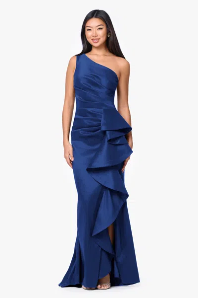 Betsy & Adam One-shoulder Cascade Ruffle Gown In Blue