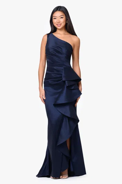 Betsy & Adam "evangeline" Taffeta One-shoulder Long Dress In Blue