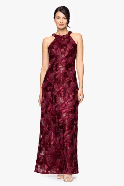 Betsy & Adam "fabiana" Halter Neck Soutache And Sequin Floor Length Dress In Burgundy