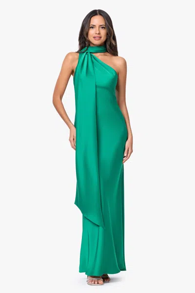 Betsy & Adam "fallon" Satin Asymmetrical Necktie Sash Long Dress In Green