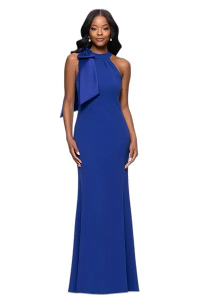 Betsy & Adam Floor-length Sleeveless Bow Detail Dress In Indigo In Blue