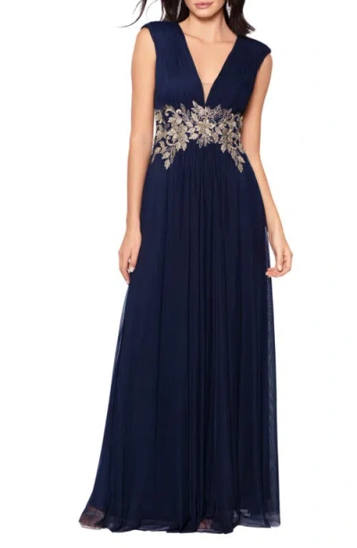 Betsy & Adam Women's Embroidered V-neck Gown In Navy Gold
