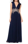 Betsy & Adam Petites Womens Full Length Embroidered Evening Dress In Navy/gold