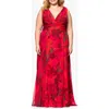 Betsy & Adam Floral A-line Gown In Red/multi