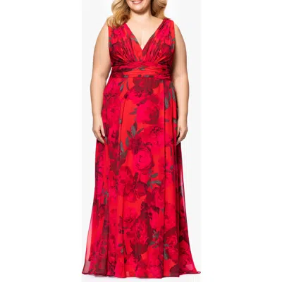 Betsy & Adam Floral A-line Gown In Red/multi