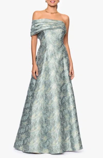 Betsy & Adam Floral Brocade Off The Shoulder Gown In Gray