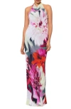 BETSY & ADAM FLORAL HALTER GOWN