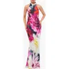 Betsy & Adam Floral Halter Gown In Fuchsia/blush