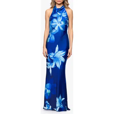 Betsy & Adam Floral Halter Neck Hammered Satin Gown In Blue